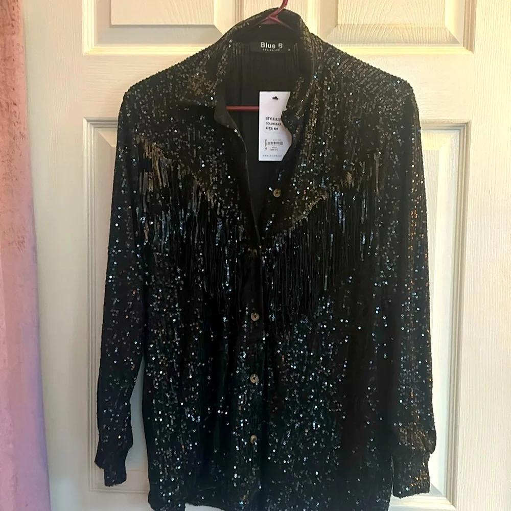 BUCKLE Blue B collection MEDIUM Sequin fringe western shirt.BELT SOLD SEPARATELY - Picture 4 of 14